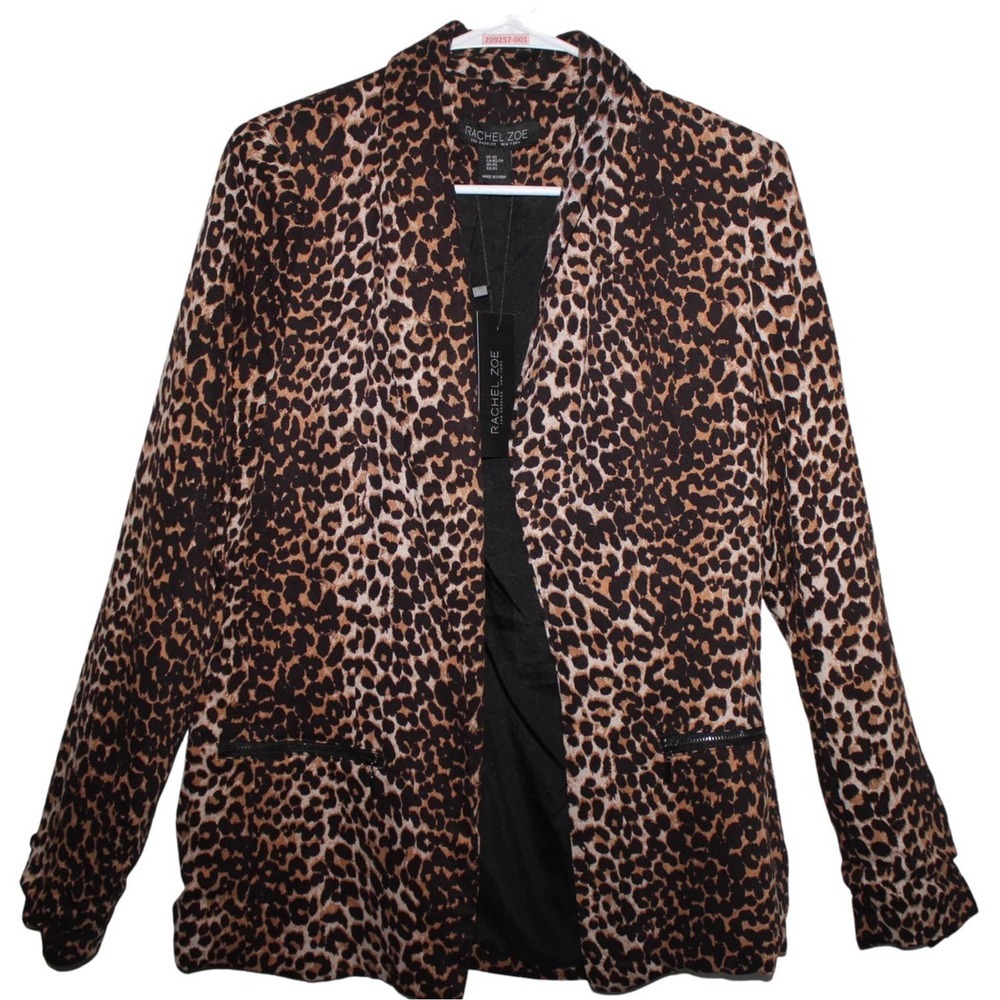 Womens Rachel Zoe Brown Black Cheetah Long Sleeve Blazer Suit Coat Jacket XS NWT